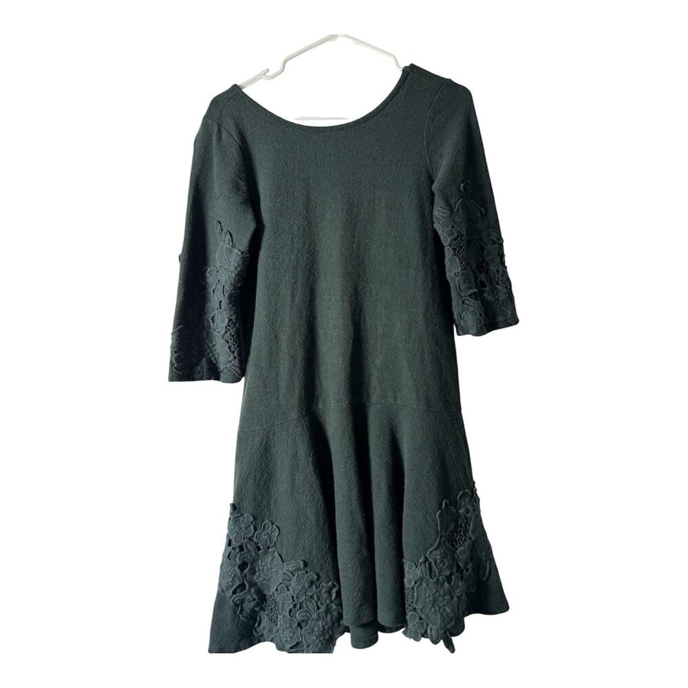 Anthropologie Maeve Tierra Dress Small Green Floral Applique Drop Waist Midi